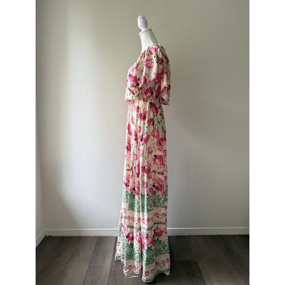 Aakaa Women's Formal Floral Smocked Off Shoulder Pink Roses Maxi Dress Sz Small - Picture 3 of 10